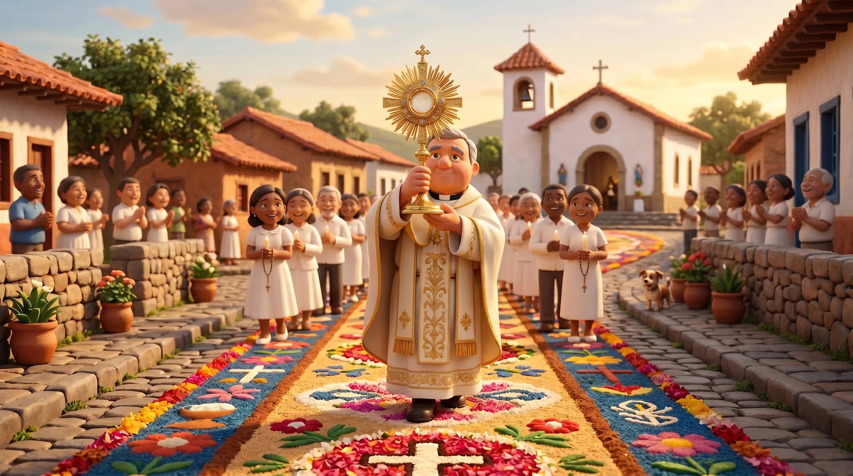 Um padre ergue o ostensório sobre um tapete colorido de Corpus Christi, cercado por fiéis, ao amanhecer