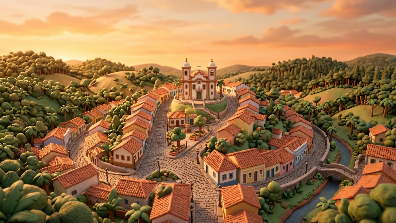 Vista da cidade do interior ao amanhecer, com a rua já tomada por tapetes coloridos