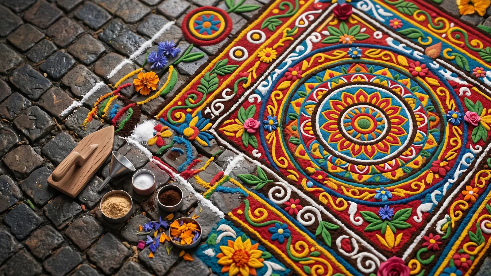 Detalhe aéreo de um tapete em mandala colorida