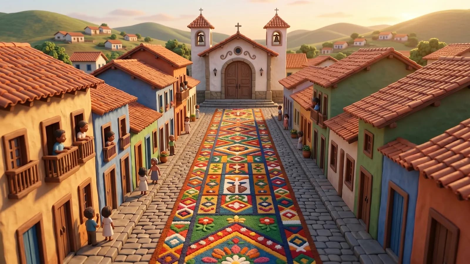 O tapete colorido se estende pela rua de paralelepípedos até a igreja